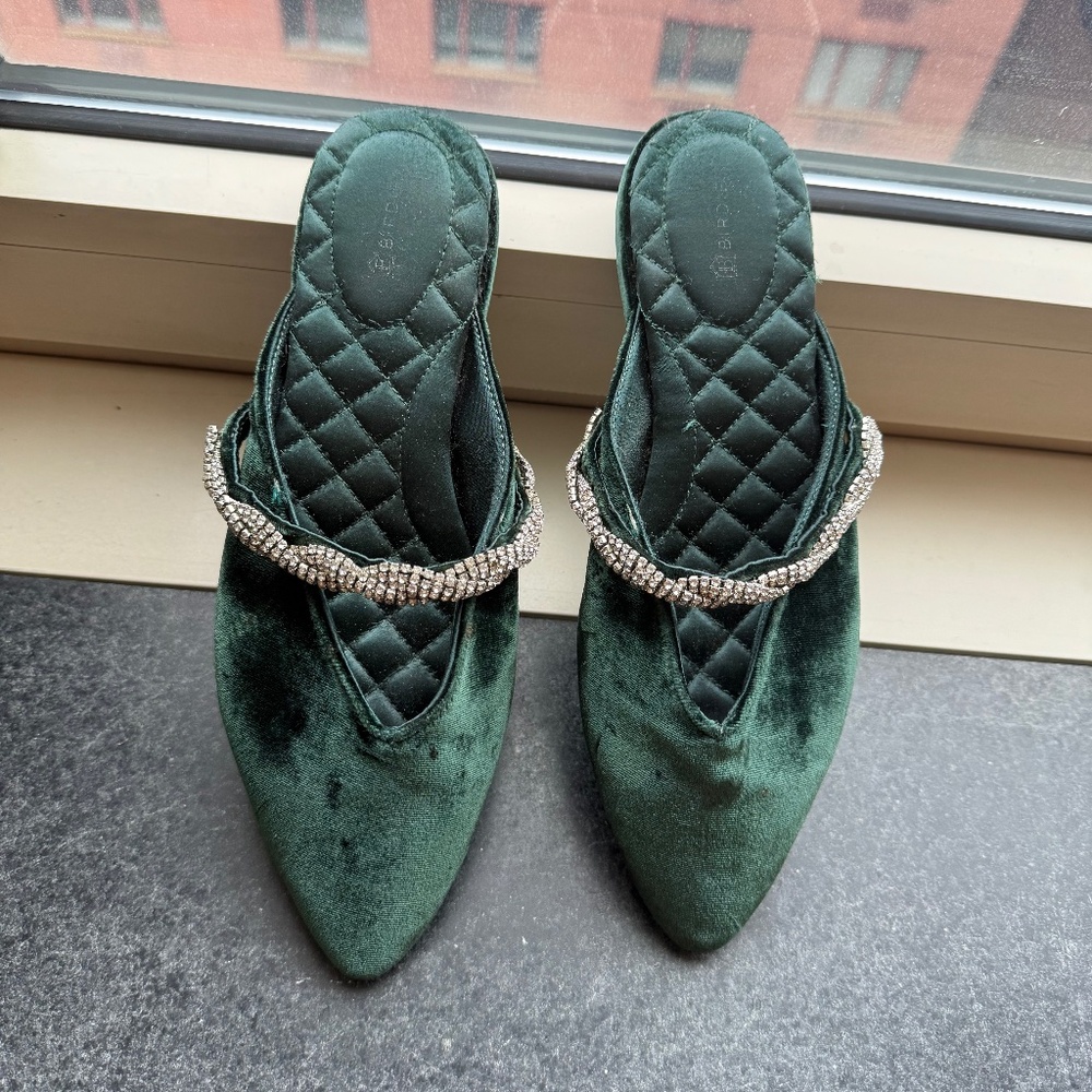 All bird green velvet mules with rhinestone details